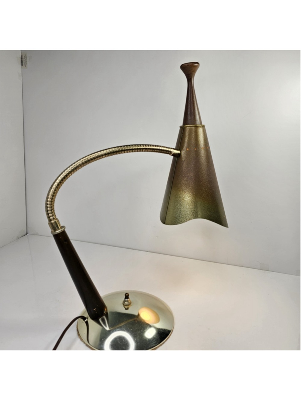Vintage Mid Century Modern Gooseneck Desk Lamp Metal Wood Cone Shade Working MCM